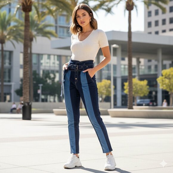 Honey Punch High Waisted Contrast Cotton Jeans with Belt Size S Preowned - Picture 1 of 9